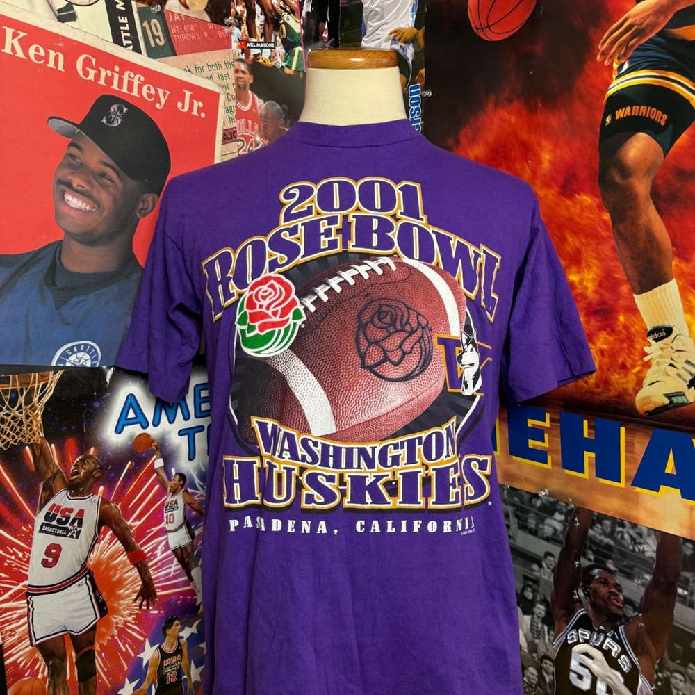 Vintage Washington Huskies 2001 Rose Bowl Purple Football T-Shirt Sz Large